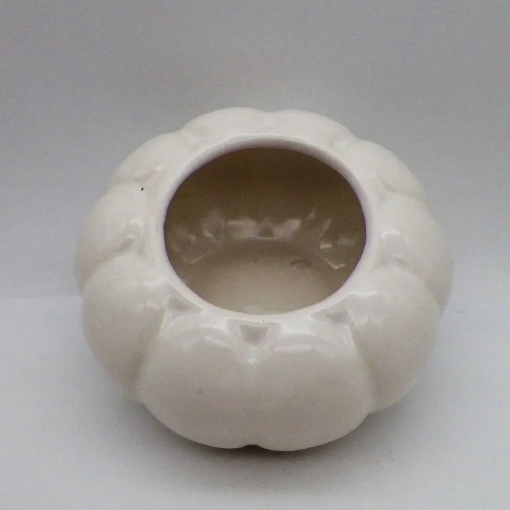 Mid Century Modern Ribbed Melon Planter White Glazed Ceramic Vintage